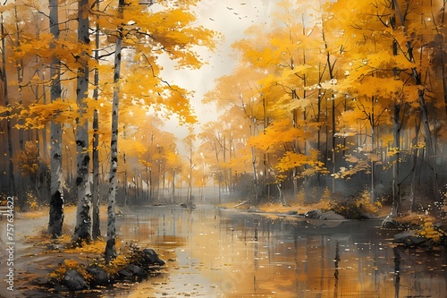 autumn oil painting in the forest, A stunning river and forest scene as a digital