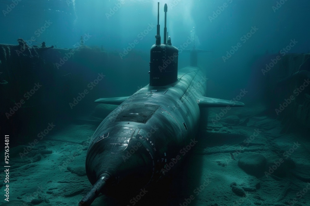 A submarine is seen in the ocean with a dark blue color - obrazy, fototapety, plakaty 