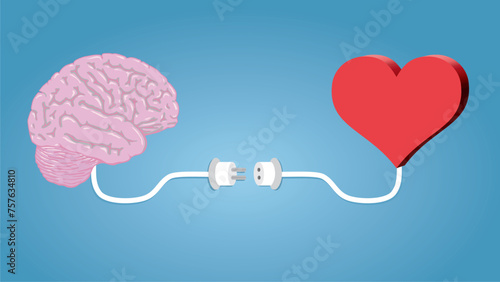 Brain and heart ready to connect with cable. Copy space. Dimension 16:9. Vector illustration.