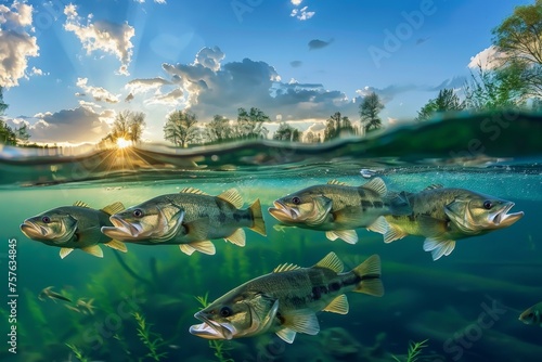 A group of five fish swimming in a body of water