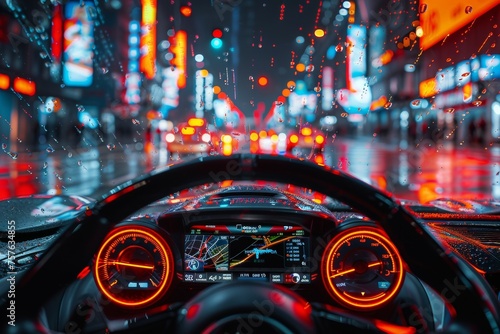 A car is driving down a wet street with a bright city skyline in the background