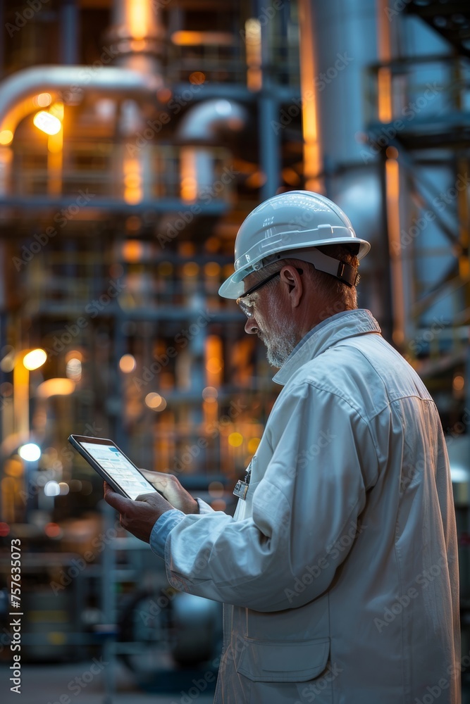 Male technician using tablet at gas refinery during twilight with industrial equipment in background Male technician using tablet at gas refinery during twilight with industrial equipment in background