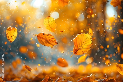 Autumn leaves falling in a lively close-up against a vivid backdrop of the setting sun. Autumn leaves on the sun and hazy trees. The beauty of autumn. Autumnal backdrop: A Beautiful Scenery 