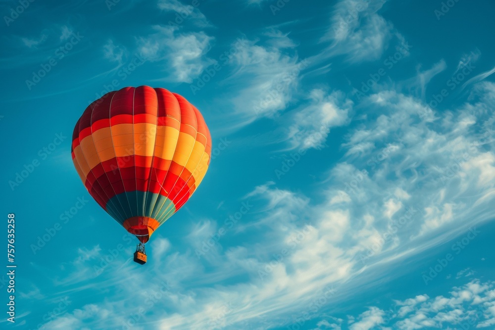 A hot air balloon is floating in the sky above a blue sky A hot air balloon is floating in the sky above a blue sky