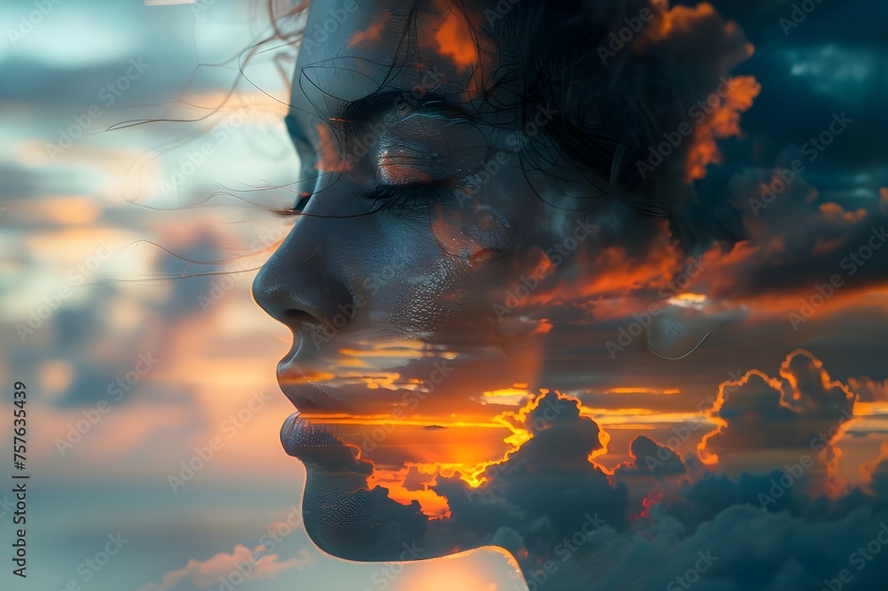 A woman's face in double exposure against a cloudy sunset sky at a beach. idea of mood disorders, issues with people and the natural world, Face double exposure at sunset