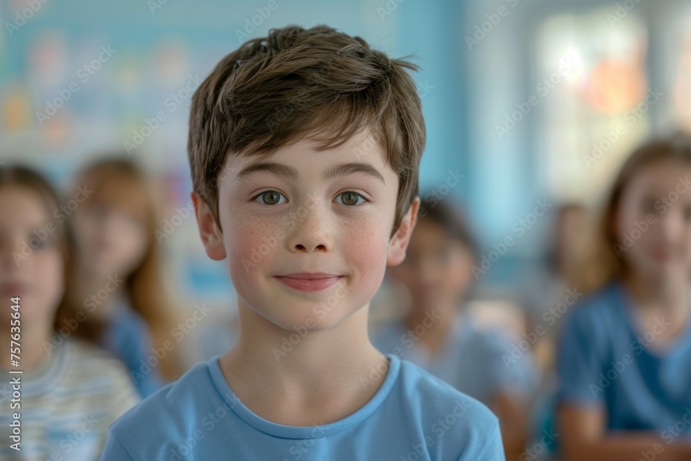 A boy with a beard and a blue shirt is smiling at the camera A boy with a beard and a blue shirt is smiling at the camera