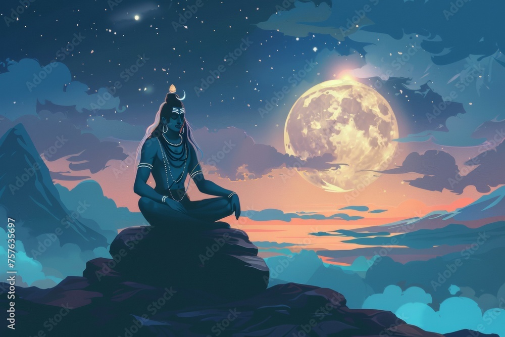A man is sitting on a rock in front of a large moon