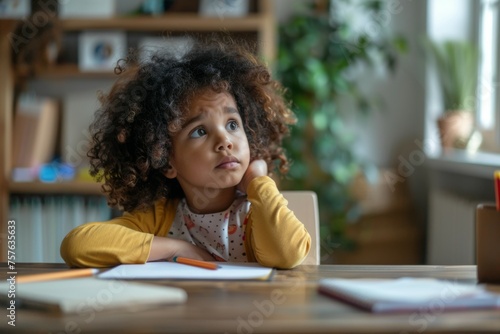 A young girl with curly hair is sitting at a desk with a notebook and a pencil