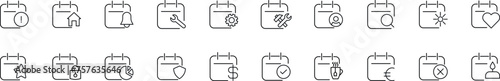 Set of vector outline symbols of calendars with various items. Editable stroke. Line icon for web sites, newspapers, articles book