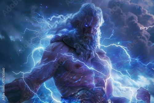 A man with long hair and a beard stands in front of a storm with lightning bolts photo