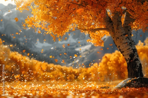 Autumn leaves falling in a lively close-up against a vivid backdrop of the setting sun. Autumn leaves on the sun and hazy trees. The beauty of autumn. Autumnal backdrop  A Beautiful Scenery 