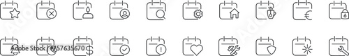 Calendars with various items vector images drawn with thin line. Editable stroke. Simple linear illustration for web sites, newspapers, articles book