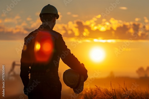 A single worker, silhouetted against the dawn light, holding a helmet under one arm, symbolizing the dignity of labor on International Labour Day. © SardarMuhammad