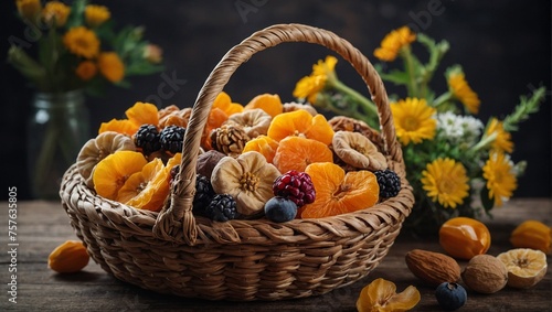 basket of mix fruit and background on follwer photo