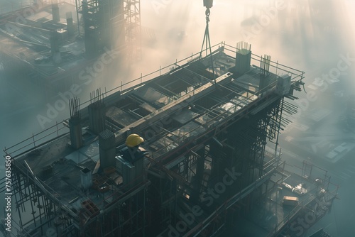 An aerial view of a sprawling construction site on International Labour Day, with the early morning mist partially obscuring the rising structures.