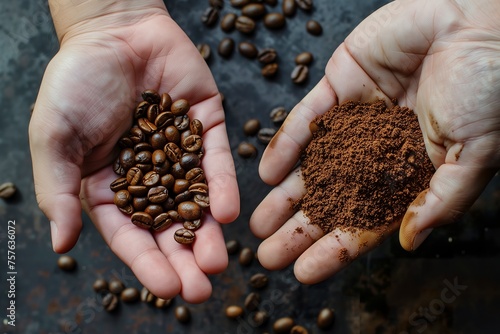 A person holding coffee beans in one hand and ground coffee in the other. People showing the quality of coffee beans and fresh and aromatic premium ground coffee.
