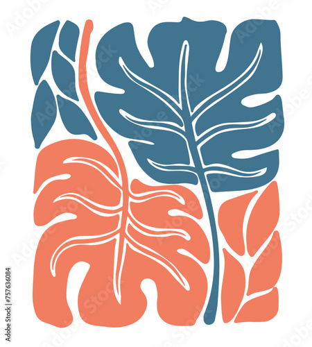 Abstract art with orange and blue Monstera leaves. Minimalist art prints inspired by Matisse. Transparent background. photo