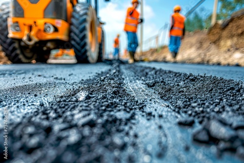 Workers in orange vests repairing road, worker with shovel on asphalt