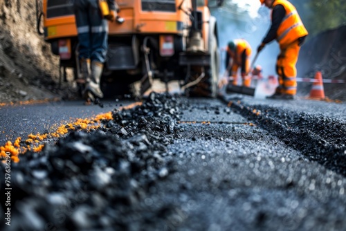 Workers with tools on paved road, road markings on asphalt