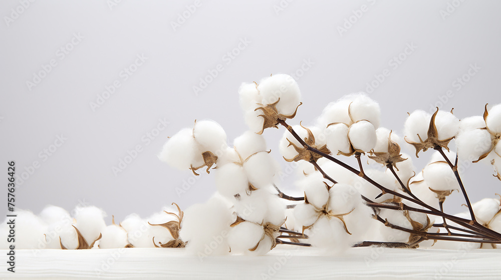 Branch of cotton flowers on a light background. Copy space