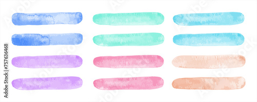 Light pastel colors watercolor brush strokes, stripes, streaks set. Text backgrounds, highlighters bundle. Hand drawn watercolour smears, smudges, banners. Aquarelle stains social media templates. photo