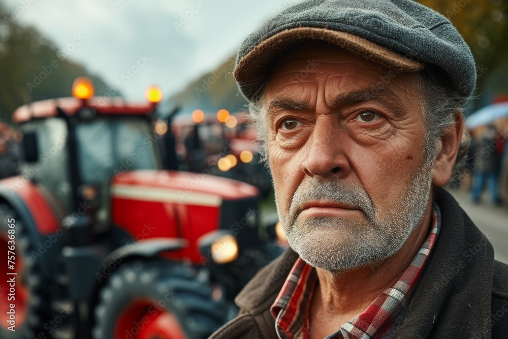 Fototapeta premium Male farmer at a protest. Backdrop with selective focus and copy space