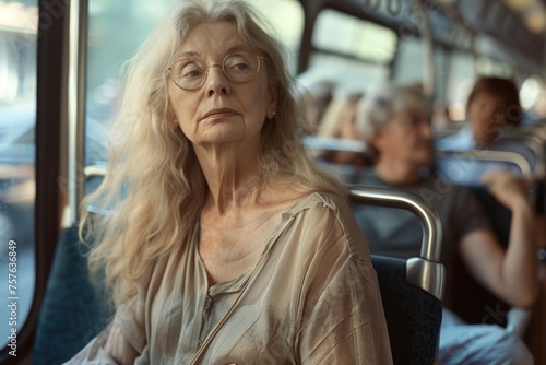 A woman travels on public transport from work. Backdrop with selective focus and copy space
