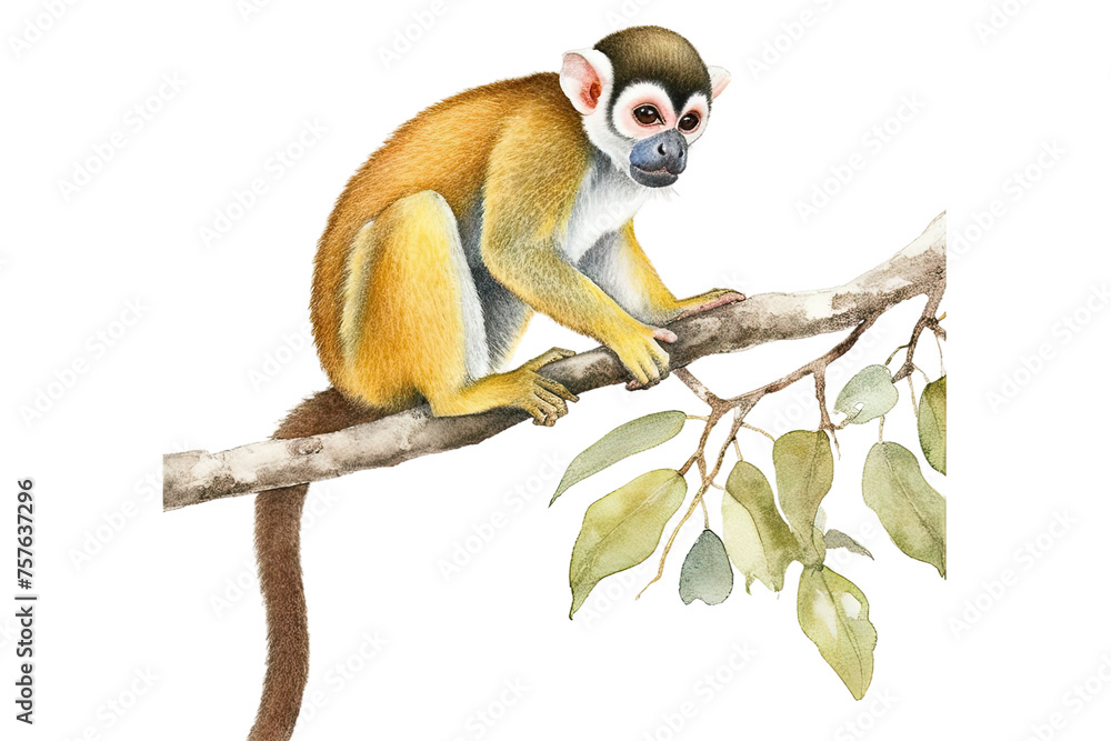 Watercolor monkey squirrel background Hand isolated illustration drawn white realistic