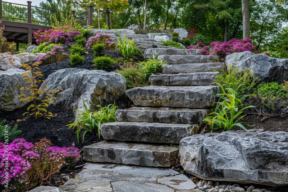 Garden staircase with stone steps and flowering plants