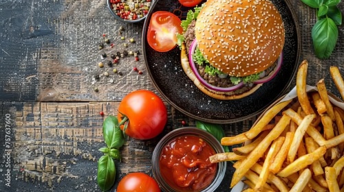 Top view of traditional burger and fries on wooden table with space for text placement