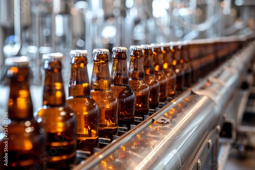 Beer bottles on a brewery conveyor