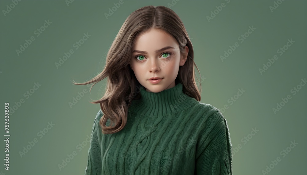 Striking Green-eyed Girl: Knit Sweater Elegance, Timeless Portrait Against Minimalist Background Striking Green-eyed Girl: Knit Sweater Elegance, Timeless Portrait Against Minimalist Background
