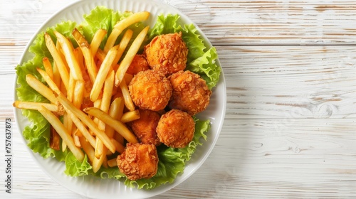 Top view of traditional chicken nuggets and french fries on wooden table with copy space