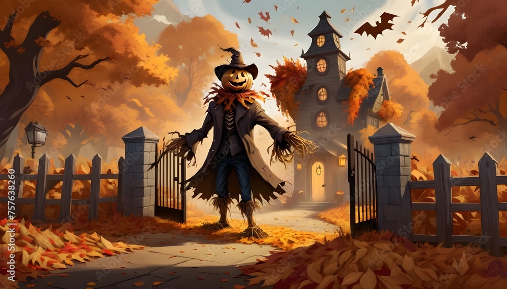 Guardian of Dread: Sinister Scarecrow Stands Guard at the Entrance, Surrounded by Swirling Autumn Leaves, Evoking a Chilling and Eerie Atmosphere Guardian of Dread: Sinister Scarecrow Stands Guard at the Entrance, Surrounded by Swirling Autumn Leaves, Evoking a Chilling and Eerie Atmosphere