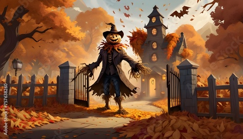 Guardian of Dread: Sinister Scarecrow Stands Guard at the Entrance, Surrounded by Swirling Autumn Leaves, Evoking a Chilling and Eerie Atmosphere