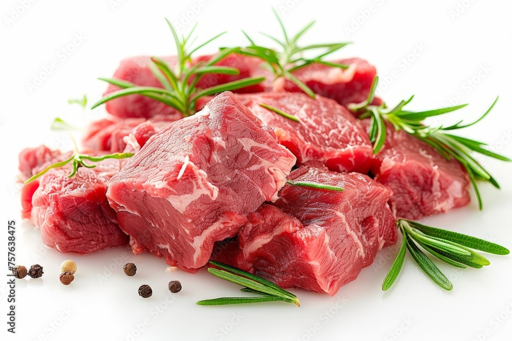 Vibrant red raw beef chunks with fresh green rosemary, black peppercorns spread on a white background Vibrant red raw beef chunks with fresh green rosemary, black peppercorns spread on a white background