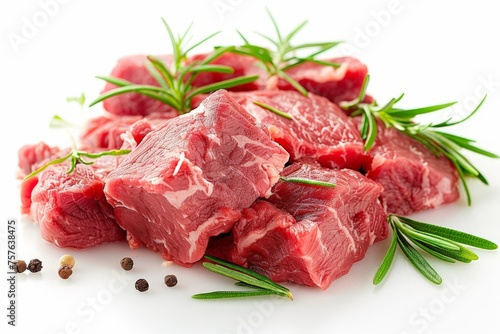 Vibrant red raw beef chunks with fresh green rosemary, black peppercorns spread on a white background