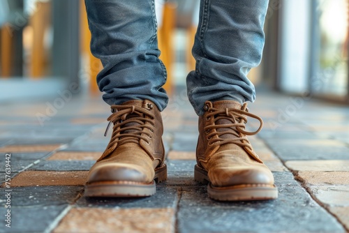 Close-up view of a person's feet wearing fashionable brown leather boots standing on a brick pavement