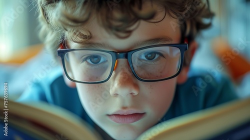 Young boy with rectangular glasses reading a book photo