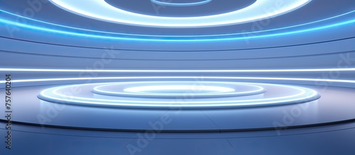In the center of the room, a podium is surrounded by a fluid blue light, resembling a water circle. The electric blue hue creates a symmetrical pattern, reminiscent of automotive lighting