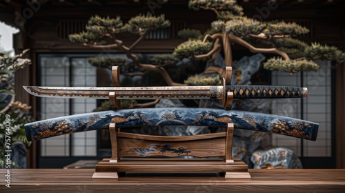 A finely crafted Japanese Katana with detailed markings rests on a traditional wooden display stand  all set against a backdrop of manicured bonsai trees