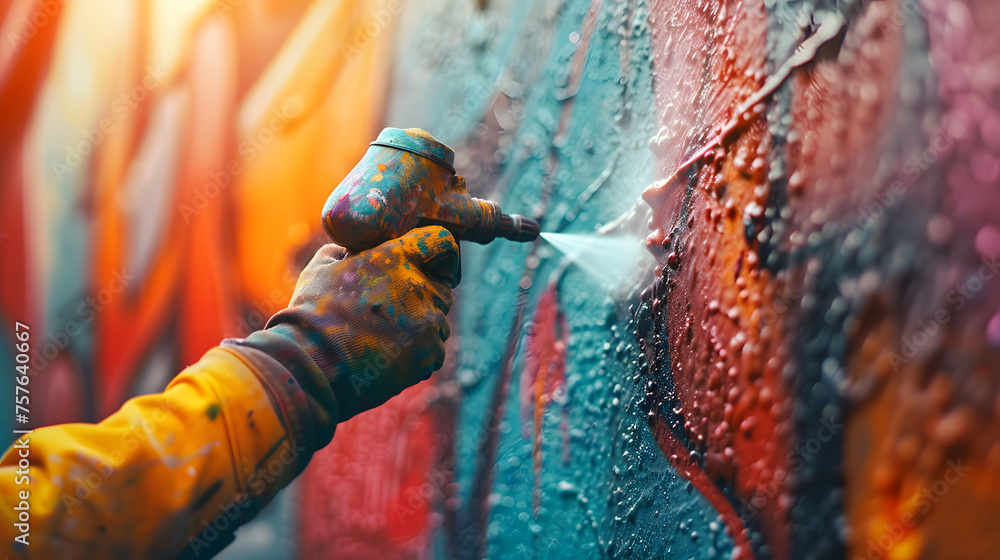 Naklejka premium A paint sprayer in action, spraying a graffiti mural on a concrete wall.