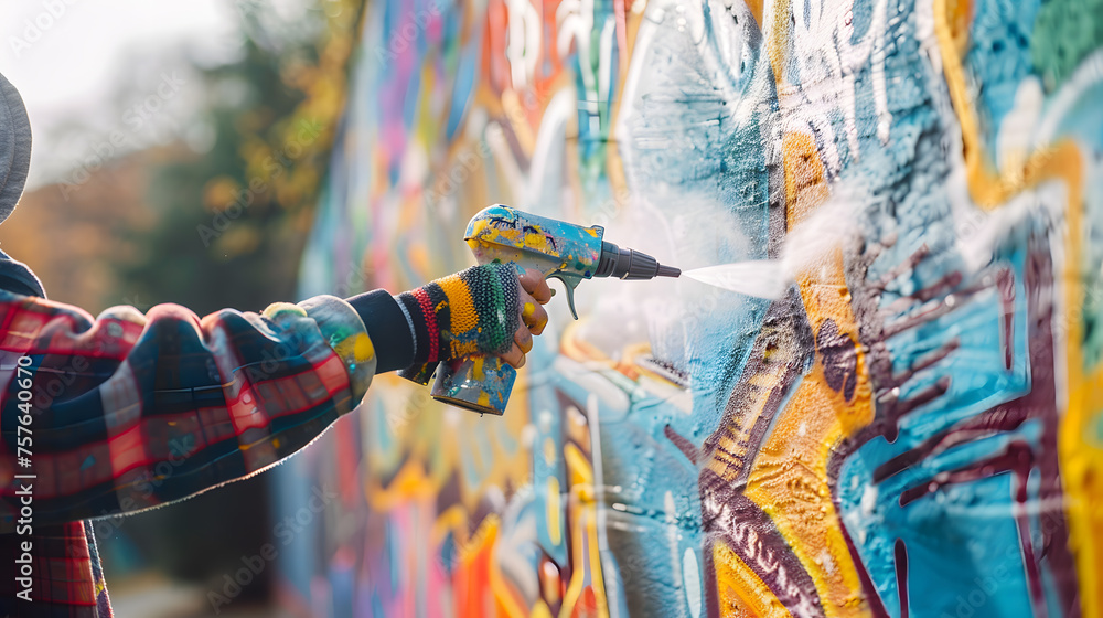 Obraz premium A paint sprayer in action, spraying a graffiti mural on a concrete wall.
