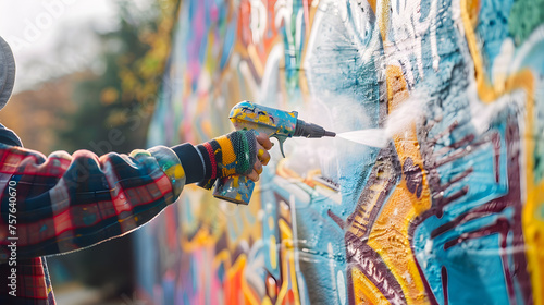 A paint sprayer in action, spraying a graffiti mural on a concrete wall.