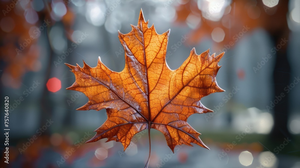 Close-up of a translucent autumn leaf against a blurred background with warm bokeh lights. Close-up of a translucent autumn leaf against a blurred background with warm bokeh lights.