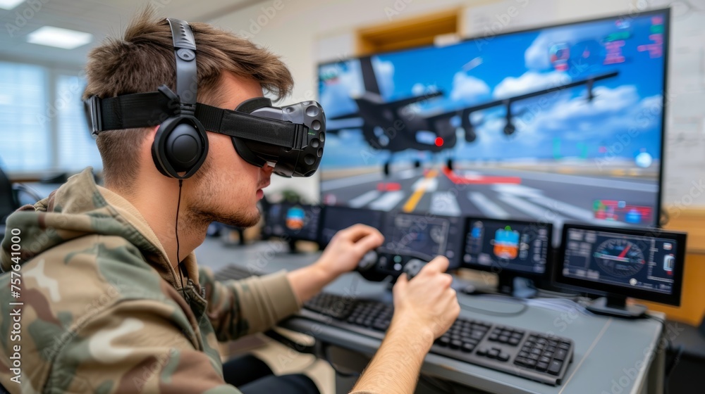 Virtual reality aviation exam man in flight simulator at aviation school controls virtual aircraft. Virtual reality aviation exam man in flight simulator at aviation school controls virtual aircraft.