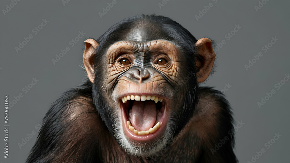 portrait a chimpanzee primate laughing broadly on a gray background. Generated AI  - obrazy, fototapety, plakaty 