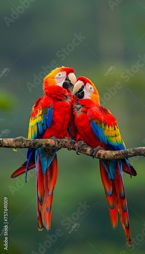 Pair of scarlet macaws perched on tree branch with blurred background and copy space for text © Ilja