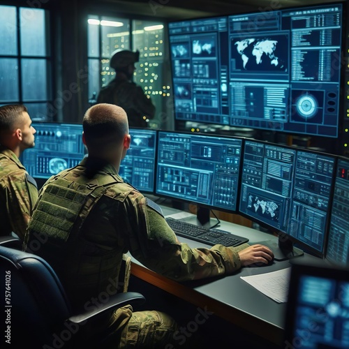 Military surveillance officers working with computer screen in central office, Control and Monitoring for managing national security.