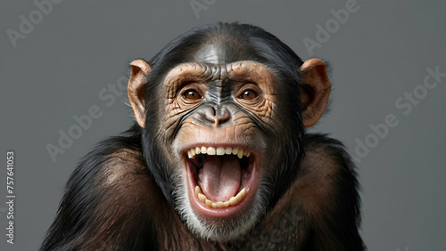 portrait a chimpanzee primate laughing broadly on a gray background. Generated AI  photo